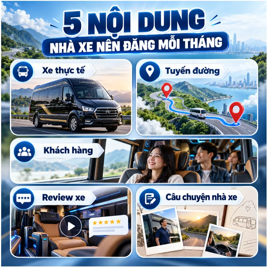 Khám phá 5 nhóm nội dung Facebook cho nhà xe nên đăng đều mỗi tháng để tăng nhận diện thương hiệu, tạo niềm tin và hỗ trợ khách hàng đặt vé hiệu quả hơn